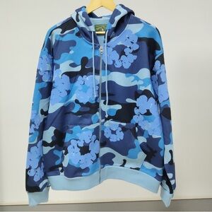 New Blue Camouflage denim tear Zip Up Hoodie Size M